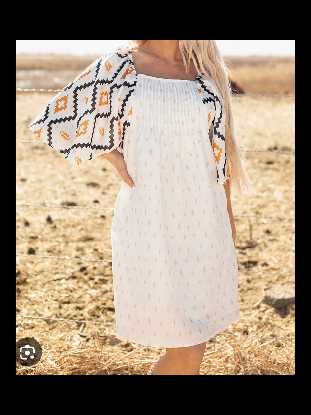 White Boho Smocked Neck Dress with Patterned Sleeves